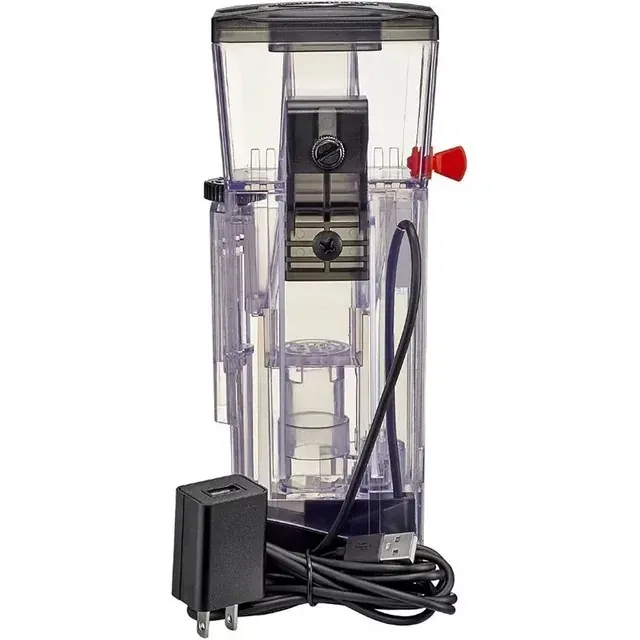 Compact transparent internal nano reef skimmer with pump, adjustment controls and power cable, isolated on a white background.